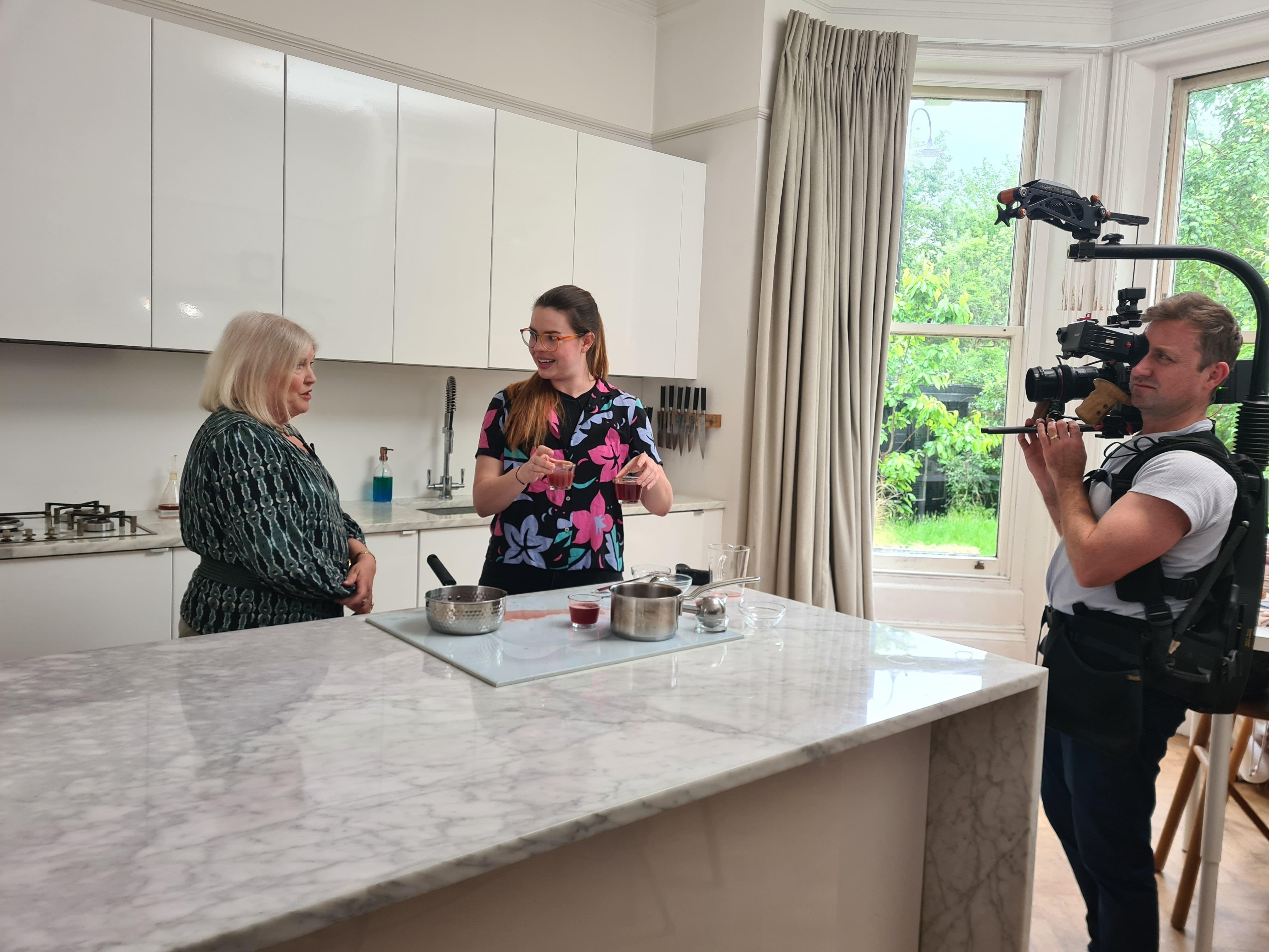 Andrew Fleming, director of photography, captures episode 7's cooking scenes in Yuki Gomi’s studio with Sue Bailey, food science and culinary history expert and Maren.