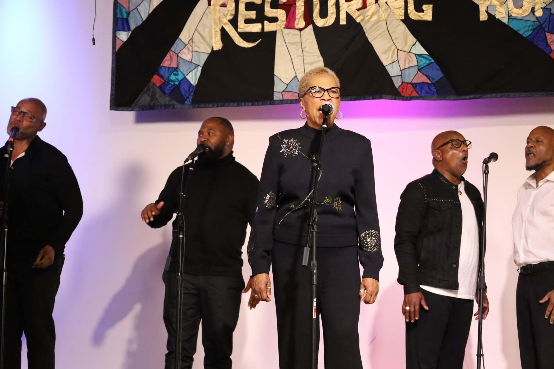 Mother Shirley Miller accompanied by the Edwin Hawkins Singers perform at City of Refuge UCC