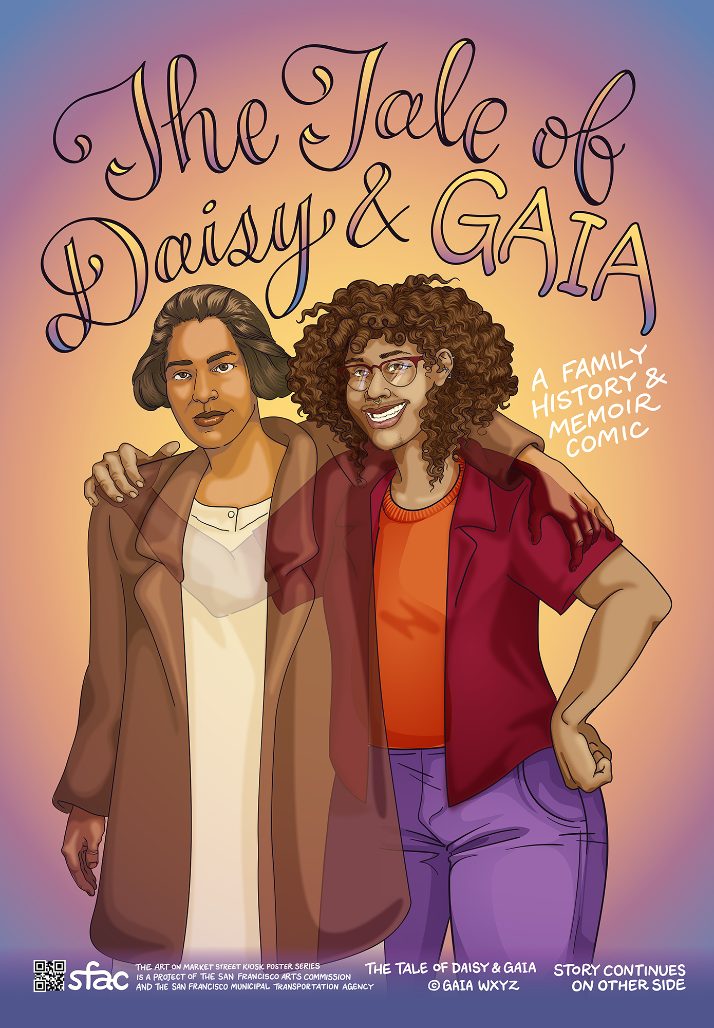 The Tale of Daisy and GAIA, cover for SF Arts Commission story featuring the young artist embracing her relative Daisy